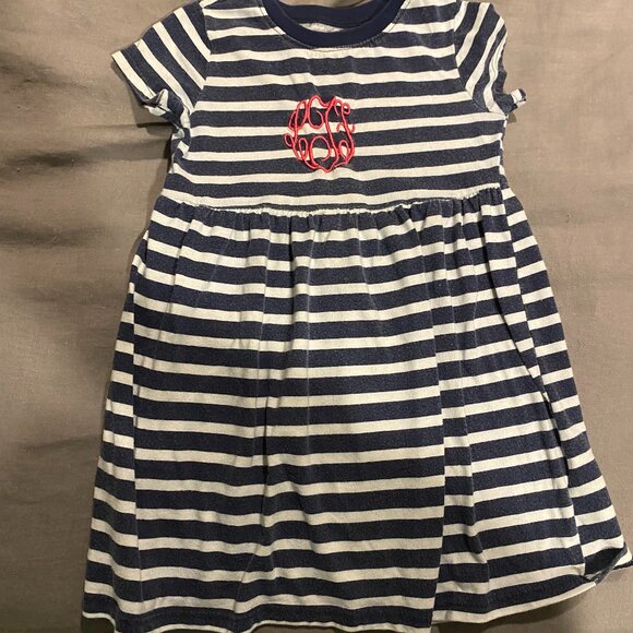 Old Navy Navy/White Striped Dress with Pink Embroidered EMA Size: 2T - Picture 1 of 4